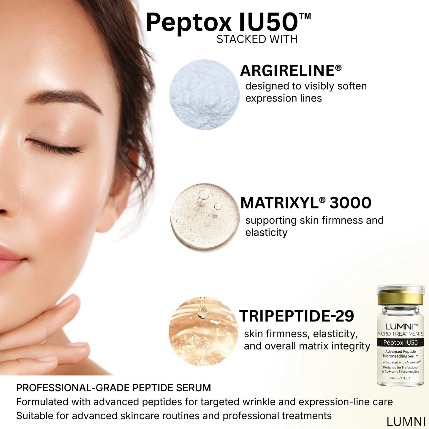 Professional-grade peptide serum background highlighting Argireline and advanced peptides designed to support the appearance of expression lines