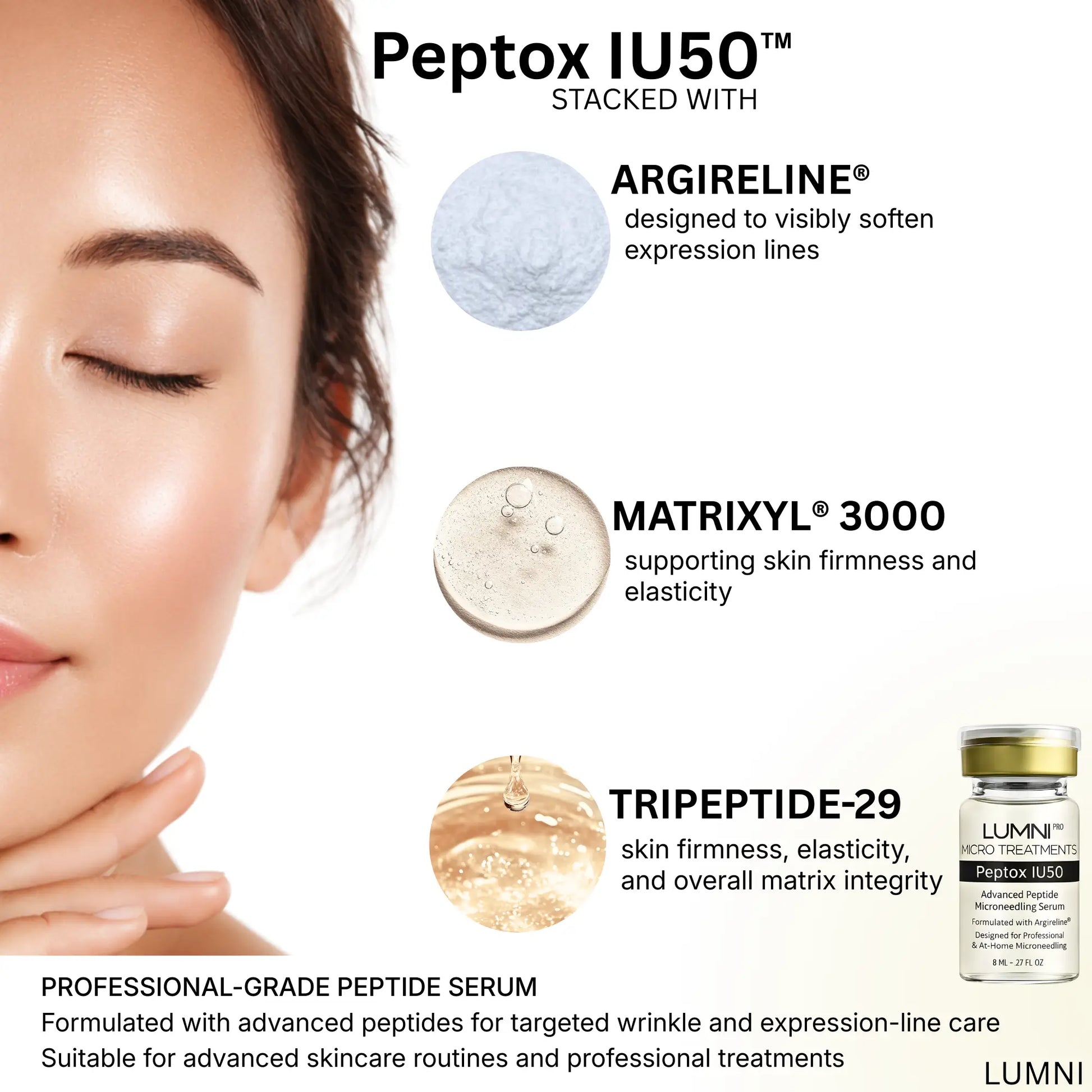 Professional-grade peptide serum background highlighting Argireline and advanced peptides designed to support the appearance of expression lines