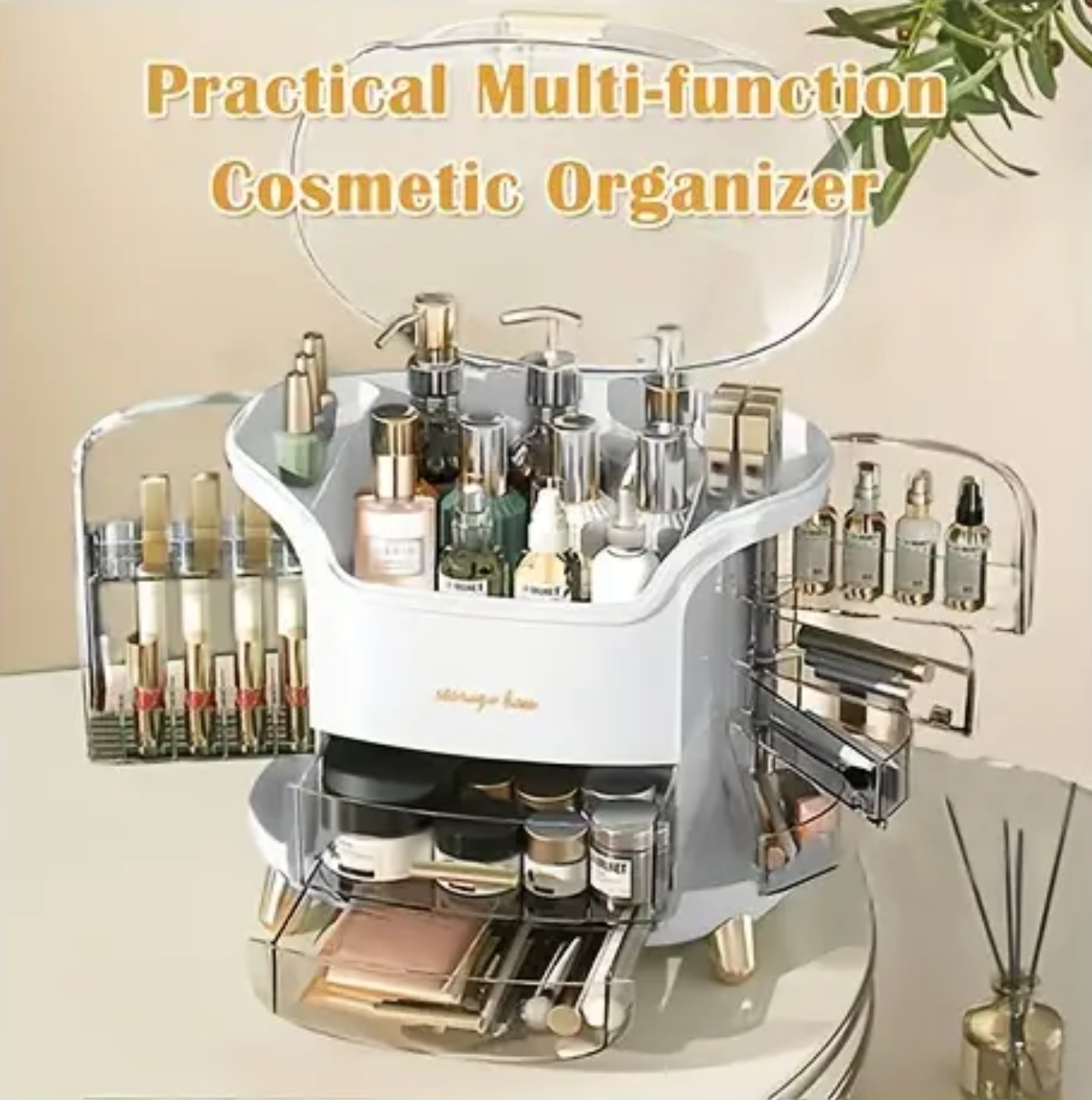 Cosmetics Organizer Box for Countertop with Lid & Drawers